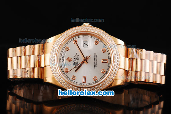 Rolex Day Date II Automatic Movement Full Rose Gold with Double Row Diamond Bezel-Diamond Markers and Silver Dial - Click Image to Close